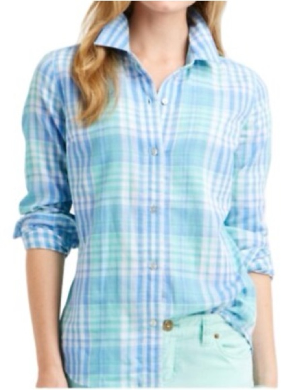 Vineyard Vines Blue and Mint Plaid Button-Down Shirt